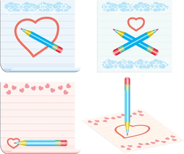 Draw love symbols on notes pages — Stock Vector