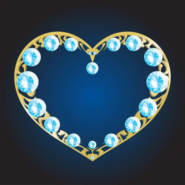 Zlaté kovové srdce s diamanty — Stockový vektor
