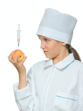 Scientific medical teen girl with syringe isolat clipart