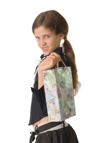Izole üzerinde para paketi ile genç kız öğrenci — Stok fotoğraf