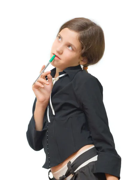 Studente adolescente ragazza con penna isolata su bianco — Foto Stock