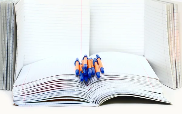 Penne e libri di scrittura scolastici — Foto Stock