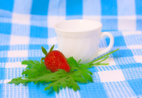 Erdbeere und Tasse auf Stoffhintergrund — Stockfoto
