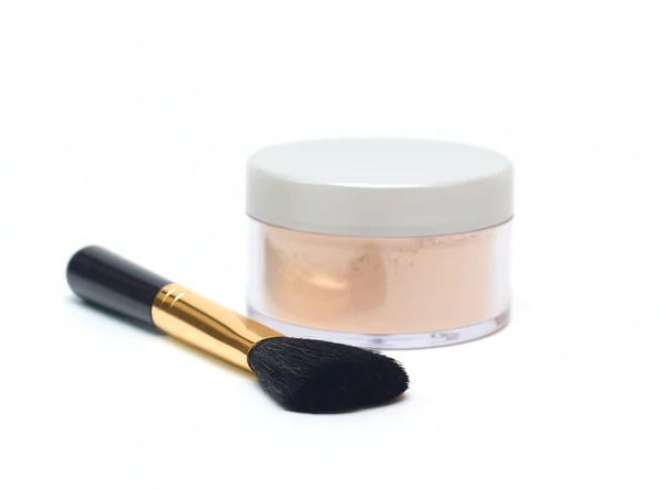 Cosmetic powder in jar and brush — Stock Photo, Image