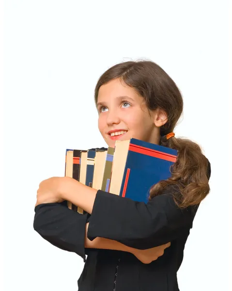 Estudiante chica con libros aislados en blanco — Foto de Stock