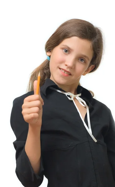 青少年女学生用铅笔在白色隔离 — 图库照片#