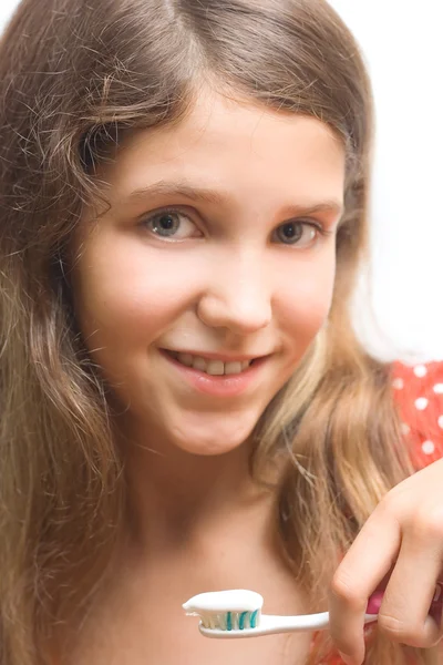 Beauty teen girl clean teeth — Stock Photo, Image