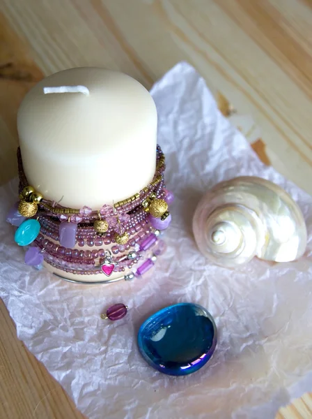 White Candle, Seashell and Glass Stone — Stock Photo, Image