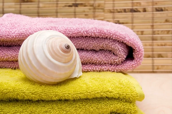 Ręczniki i muszla — Zdjęcie stockowe
