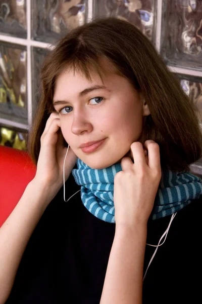 Girl in Blue Scarf Listening Music — Stock Photo, Image