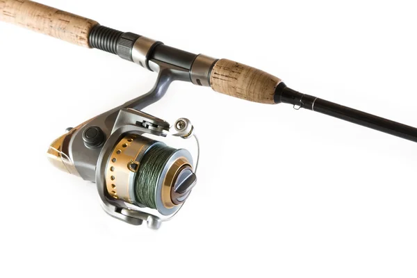 A modern spinning reel with a fishing line and a homemade spoon