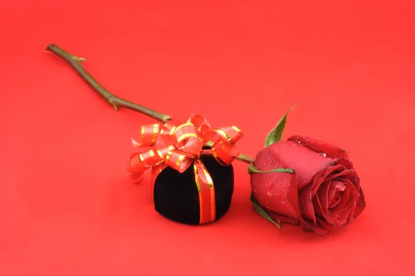 Rosa vermelha e caixa de presente preto . — Fotografia de Stock