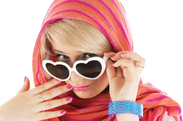 Pretty blonde woman with sun glasses — Stock Photo, Image