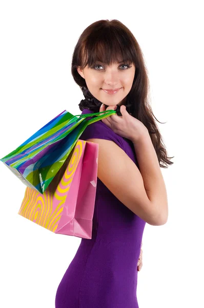 Szép nő, shoping táskák. — Stock Fotó