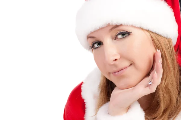 Retrato de uma linda loira com vestido de Papai Noel. — Fotografia de Stock