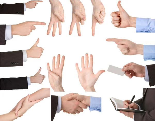 Raccolta di mani mostrando gesti — Foto Stock