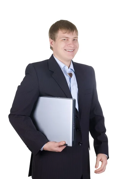 Empresário sorridente com laptop — Fotografia de Stock