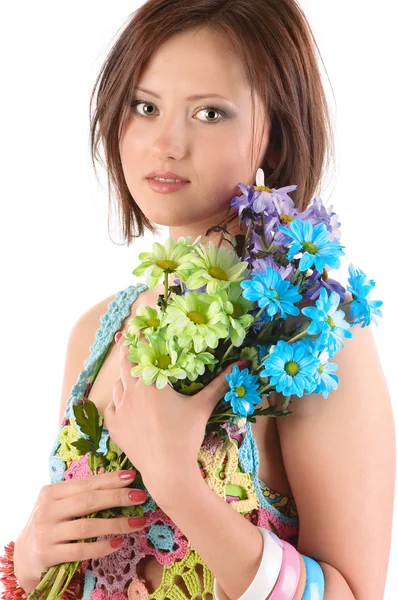 Young girl with camomiles . — Stock Photo, Image