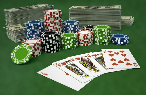 Op een groene casino tafel royal flush — Stockfoto