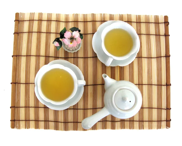 Tea serving with two cups, teapot — Stock Photo, Image