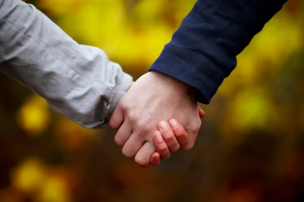 Αγάπη - ζευγάρι, κρατώντας τα χέρια το φθινόπωρο — Φωτογραφία Αρχείου