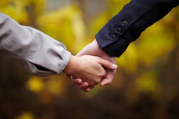 Романтика - пара, держащаяся за руки осенью — стоковое фото