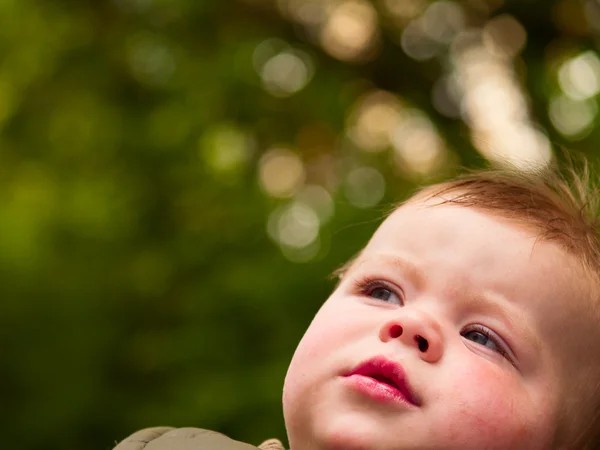 Doux bébé garçon regarder vers le haut à copyspace — Photo