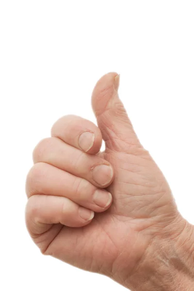 Oude vrouwtjes hand geven duimen omhoog — Stockfoto