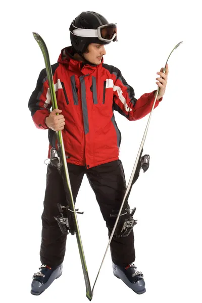 Narciarz sprawdzić powierzchnię narciarskich — Zdjęcie stockowe