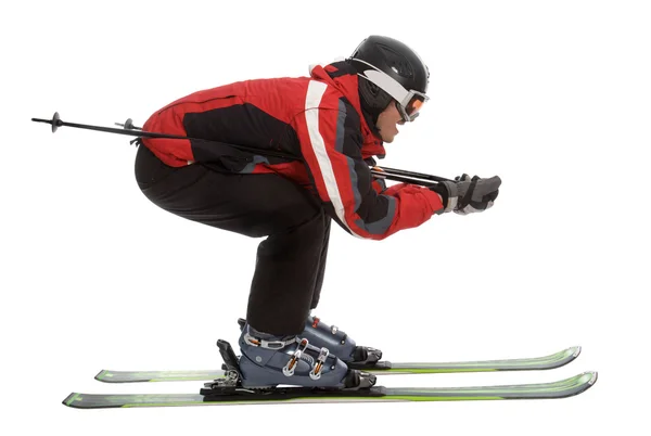 Homem esquiador em pose aerodinâmica — Fotografia de Stock