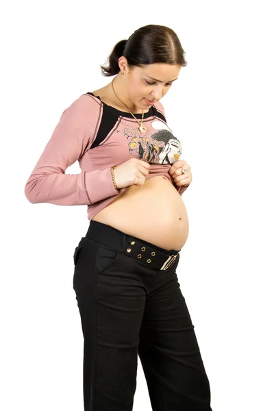 Feliz gravidez mulheres olhar para tommy — Fotografia de Stock