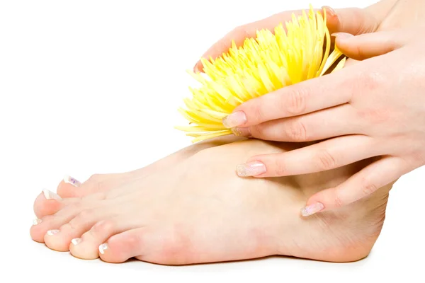 Woman foot and hand with flowers — Stock Photo, Image