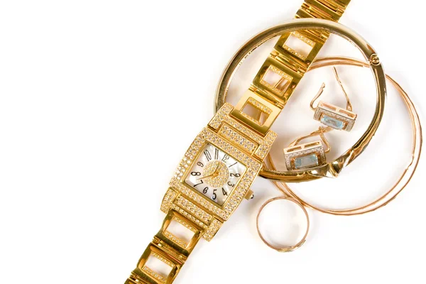 Relógio de ouro e jóias — Fotografia de Stock