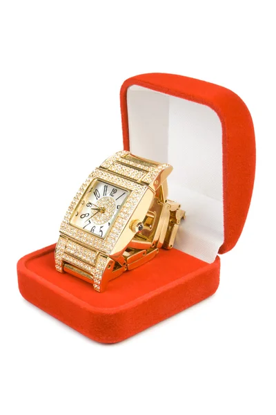 Horloge dorée en boîte rouge — Photo