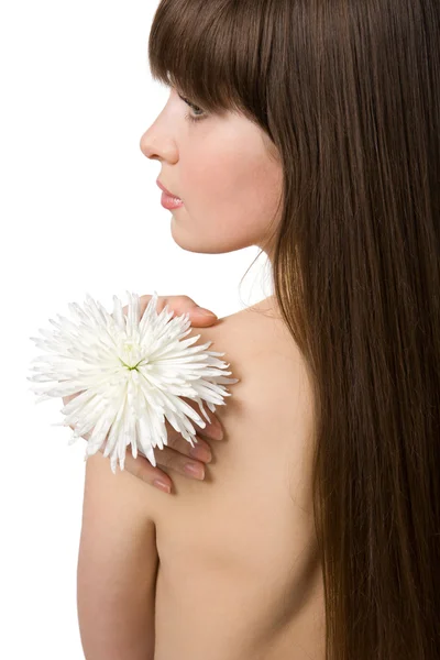 Morena desnuda con crisantemo — Foto de Stock