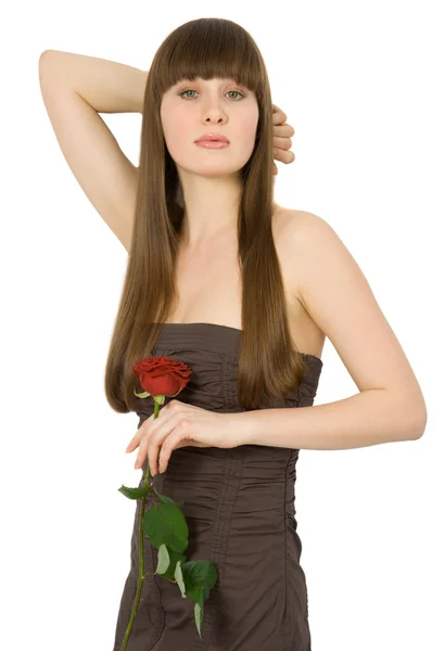 Atraktivní brunetka s červenou růží — Stock fotografie