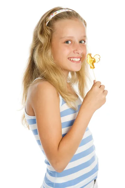Χαμογελαστά κοπέλα με καραμέλα γλειφιτζούρι — Φωτογραφία Αρχείου