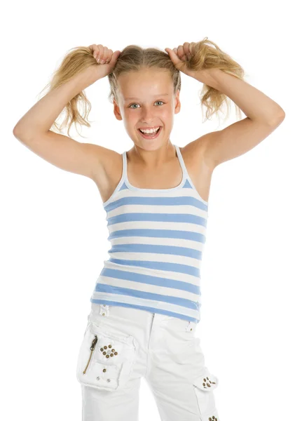 Mladá dívka drží vlasy v rukou — Stock fotografie