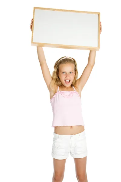 Mladá dívka drží bílá transparent — Stock fotografie