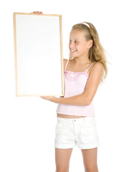 Jong meisje houdt van een witte banner — Stockfoto
