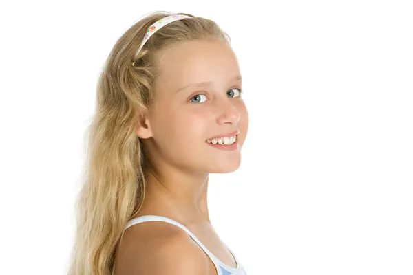 Close-up van gezicht portret van gelukkig meisje — Stockfoto