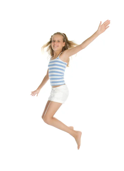 Pretty teenage girl jump and hands up — Stock Photo, Image