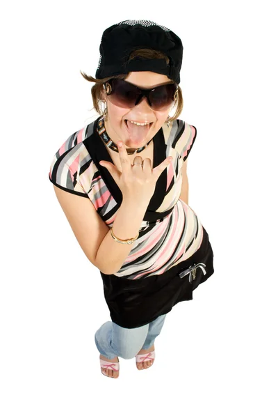 Fun young girl showing fingers sign — Stock Photo, Image