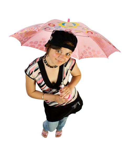 Genç kız şemsiye ile katta oturur — Stok fotoğraf