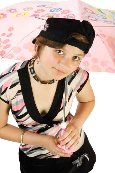 Chica joven con paraguas se sienta en el suelo —  Fotos de Stock