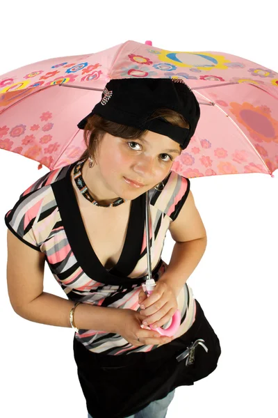 伞的年轻女子坐在地板上 — 图库照片