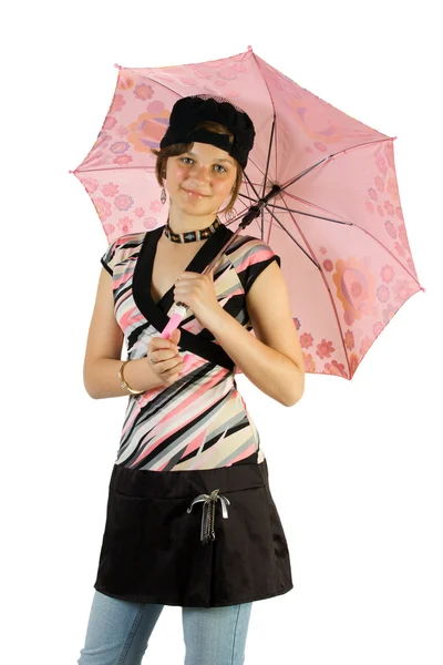 Young girl with umbrella sits on floor — Stock Photo, Image