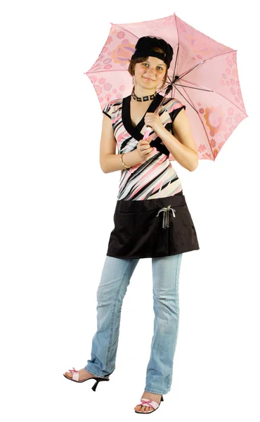 Young girl with umbrella sits on floor — Stock Photo, Image