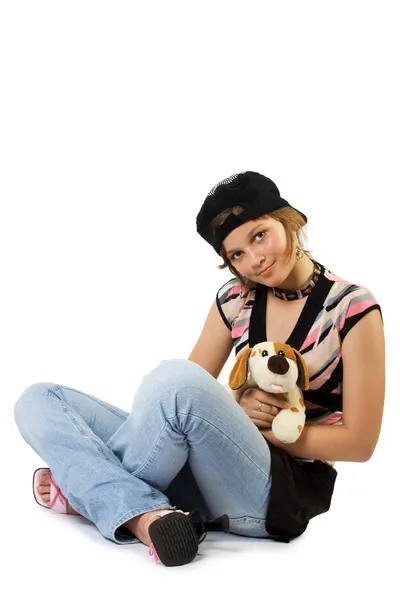 Mladá dívka s hračka pes — Stock fotografie
