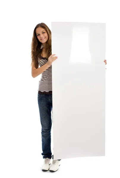 Ung flicka håller en vertikal banner — Stockfoto